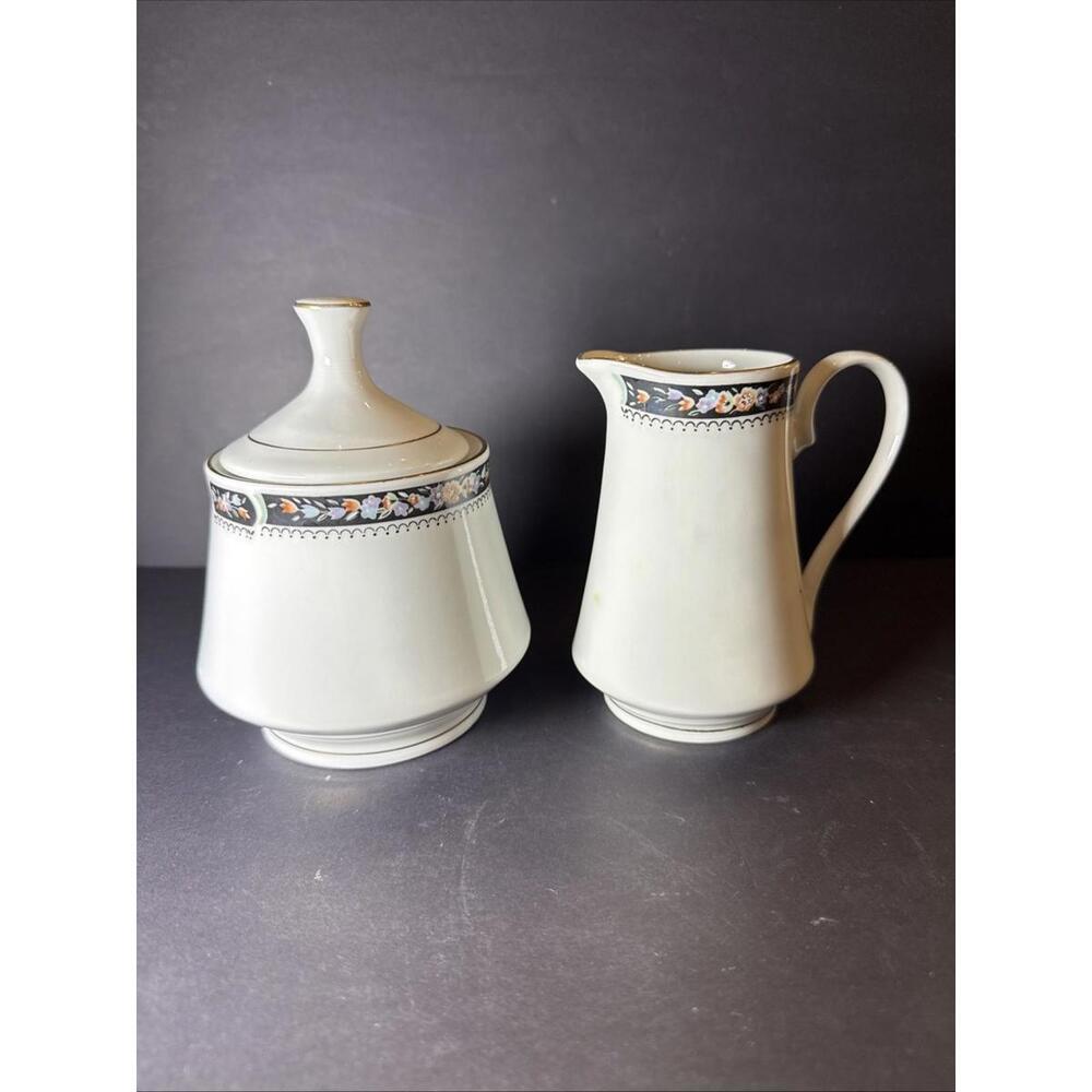 Remington Fine China Red Sea “ANNA” Creamer And Sugar Set Black Band Floral